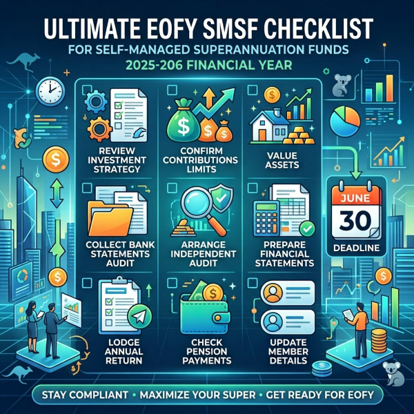 Checklist for EOFY tasks including reviewing investment strategy, confirming contribution limits, valuing assets, collecting bank statements, arranging audits, preparing financial statements, lodging returns, checking pension payments, updating member details with June 30 deadline.